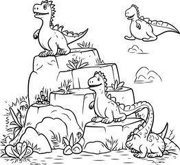 Dinosaur cartoon doodle hand drawn vector illustration. Cute dinosaurs.