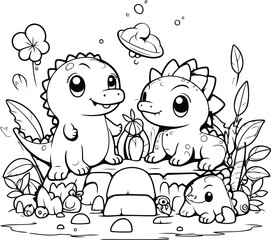 Fototapeta na wymiar Cute dinosaurs family coloring book. Vector illustration. Coloring page