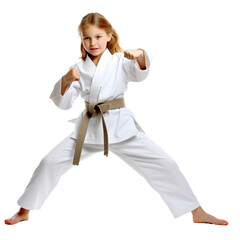 Smiling girl fighting stance dressed in a karate uniform isolated on white or transparent background. AI Generated.