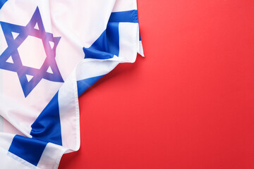 USA Israel flags. Two American and Israeli flags lie on red texture background opposite each other...