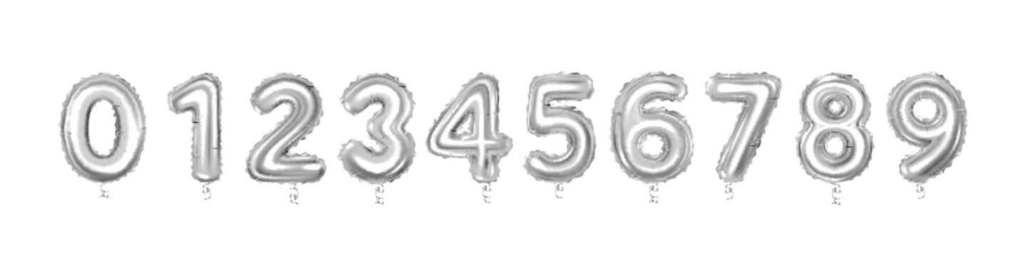 Set of silver balloons numbers set, isolated on white background.	