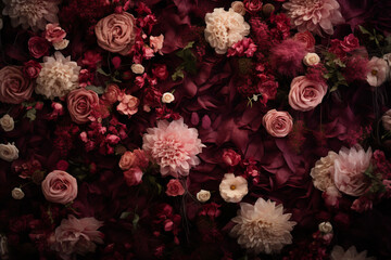 beautiful flower wall with roses, peonies and ranunculuses, dark moody colors