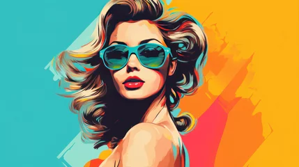 Fotobehang Sensual beautiful woman trendy artwork. Surreal apricot vivid portrait, fashionable painting pop art illustration for printing on fabric or paper, poster or wallpaper, advert © Happy Lab