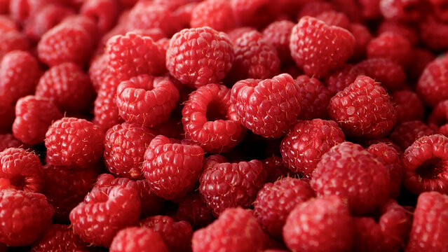 Close-Up Of Beautiful Sweet Large Fresh Appetizing Red Raspberries In Large