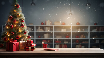 wooden desk with christmas tree and gifts in a library with snowy background, christmas workplace