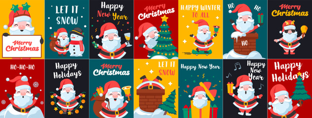 Funny happy Santa Claus character with gift, bag with presents, for Christmas cards, banners