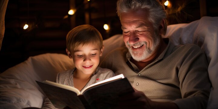 Child listening intently to a bedtime story told by a grandparent , concept of Active imagination