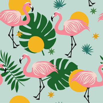 Seamless pattern depicting flamingos in the tropics © Dmitry