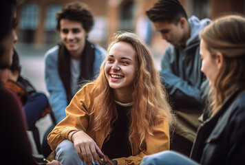 A candid photo of a diverse, smiling group of Gen Z teenagers laughing together on an urban street. Their relaxed poses show their authentic camaraderie.