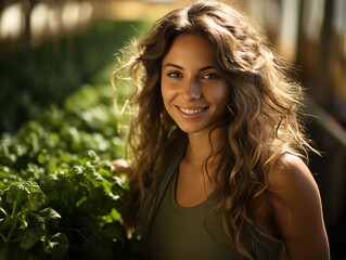 Fototapeta premium Caucasian young woman in organic farm greenhouse at sunset. Smiling girl growing for organic plants in the nursery. Eco-friendly agriculture. Sustainable farm practices