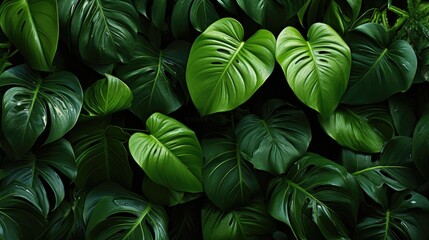 Fototapeta premium Closeup nature view of green leaf and palms background, flat lay, Generative AI