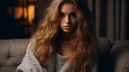 Fototapeta premium A beautiful girl in a knitted sweater sits on the sofa in a cozy room, evening. Generation AI