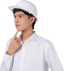 Portrait young asian engineer man wearing helmet thinking idea, architect or contractor with planning and thoughtful, contractor consider with solution, industrial concept.