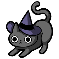 Funny Halloween illustration. A cute little black cat wearing a large witch is stretching.