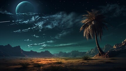 Night landscape, deserted beach, palm tree, view of the moon. Generation AI