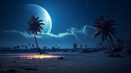 Night landscape, deserted beach, palm tree, view of the moon. Generation AI