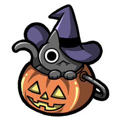 Funny Halloween illustration. A cute little black cat wearing a witch's hat sitting in a pumpkin basket. 