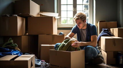 stockphoto, copy space, A male college freshman unpacking his things and stuff, moving into his university dorm room. Young male student arranging his stuff in his dorm room. Student theme, education - obrazy, fototapety, plakaty