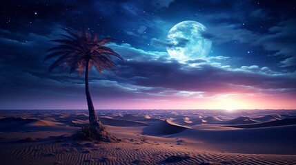 Night landscape, deserted beach, palm tree, view of the moon. Generation AI