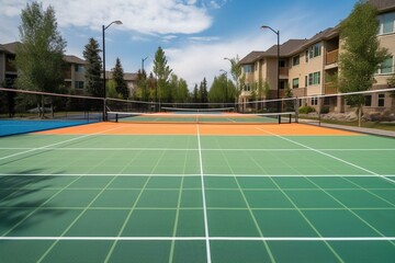 Outdoor sports facilities with painted lines and nets for playing pickleball. Generative AI - obrazy, fototapety, plakaty