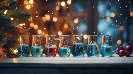 colorful test tubes on a wooden table with christmas lights - obrazy, fototapety, plakaty