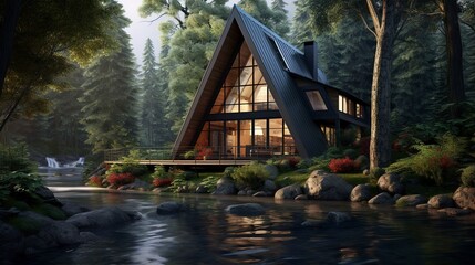 A-frame style house on the bank of a river in the forest. Generation AI