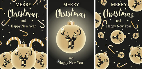 Fototapeta na wymiar Set Christmas card cartoon design with beautiful Christmas ball in gold. Collection template Xmas poster with reindeer silhouette. Xmas Card, poster, banner cover. Vector illustration.