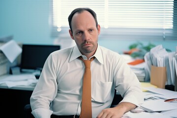 Naklejka premium A middle-aged male employee in a modern office, his face etched with sadness and discontent. The weight of corporate life manifests in his depressed and disgruntled feelings.