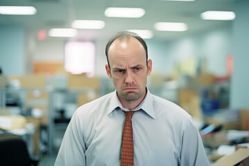 A middle-aged male employee in a modern office, his face etched with sadness and discontent. The weight of corporate life manifests in his depressed and disgruntled feelings.