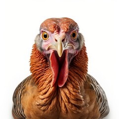 Close-up shot of a turkey, captured in vivid detail, isolated on a white background, showcasing its distinctive features.