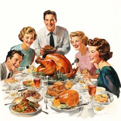 A vintage 1950s illustration depicts a family joyfully gathered around the dinner table, eagerly anticipating a bountiful Thanksgiving turkey in a heartwarming retro setting.