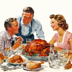 A vintage 1950s illustration depicts a family joyfully gathered around the dinner table, eagerly anticipating a bountiful Thanksgiving turkey in a heartwarming retro setting.