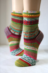 Ein Paar handgestrickte bunte Socken, verschiedene Muster gestrickt und gehäkelt