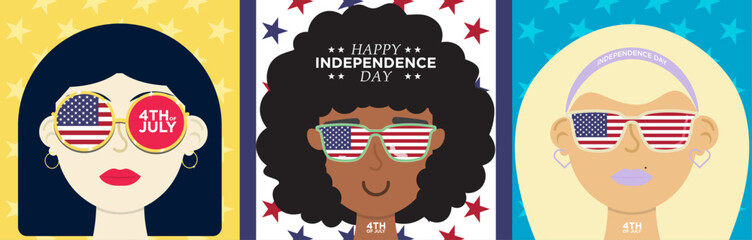 Set of USA Independence Day Greetings. 4th of july Male and female humans wearing sunglasses with American flag reflection. Red, blue, and white star background pattern. Cute human avatar vector.