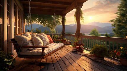 Balcony with amazing sunset views. Generation AI