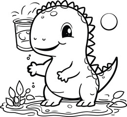 Black and White Cartoon Illustration of Cute Dinosaur Drinking Water for Coloring Book