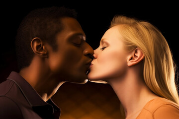 Multiethnic couple in love while kissing. Generative Ai.