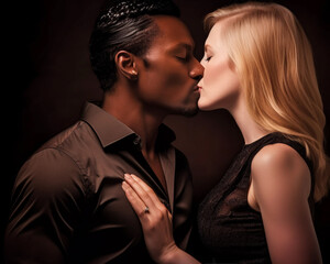 Cheerful multiethnic young couple sharing a romantic kiss. Generative Ai.
