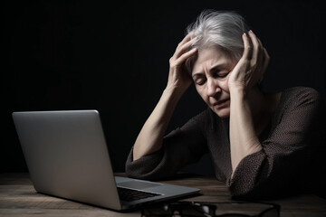 A severe migraine attack in an elderly woman at the computer. Generative Ai.