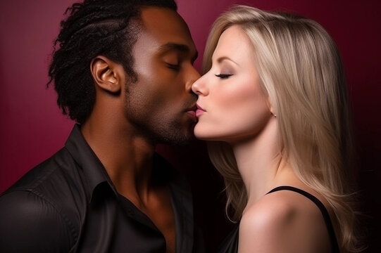 Tender interracial couple kissing and hugging, diverse love concept. Generative Ai.