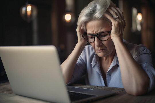 Pensive old lady paying online at home, managing bank finances, calculating taxes, planning to pay off pension debt. Generative Ai.