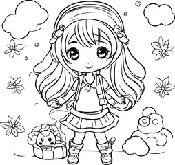 Coloring book for children. little girl with a gift box.