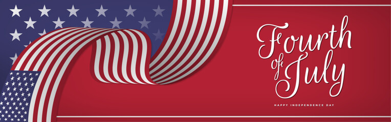 Fourth of July Happy Independence Day Greeting banner, celebrated on July 4. Long waving USA Flag on red and blue background with star pattern. Vector Illustration. EPS 10.
