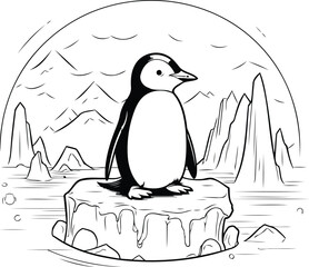 Penguin on a rock. Black and white vector illustration.