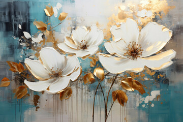 a painting of white flowers on a blue background.   Acrylic Painting of a Turquoise color flower, Perfect for Wall Art.