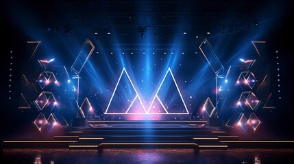 Empty neon stage for show, rays, spotlights, neon. Generation AI - obrazy, fototapety, plakaty