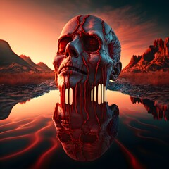 anatomic man crying red water over skull landscape hyper realistic micro details volumetric lights award winning photography 8K EF 85mm f18 USM Prime Lens ISO 100 Depth OF Field vibrant colors  - obrazy, fototapety, plakaty