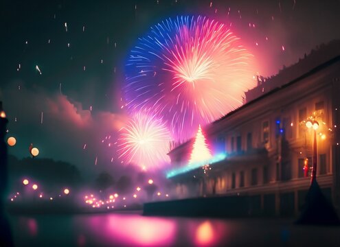 New Year celebrations, Christmas celebrations, fireworks celebrations, colorful fireworks, watercolor fireworks, colorful fireworks at night