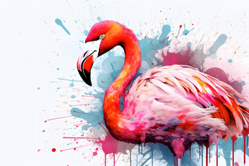 Modern colorful watercolor painting of a pink flamingo, textured white paper background, vibrant paint splashes. Created with generative AI