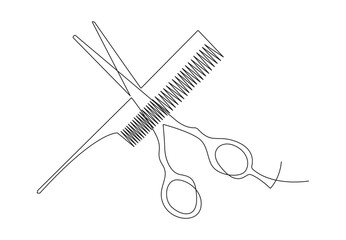 Continuous one line drawing of comb and scissor. Isolated on white background vector illustration. Pro vector.